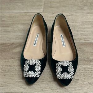 Manolo Blahnik Green Flats with Crystal Embellishment